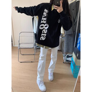 美式复古白色牛仔裤男女款夏季潮牌宽松直筒裤子高街vibe微喇长裤