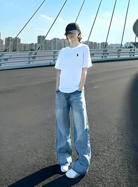 浅蓝色水洗微喇牛仔裤男款夏季美式高街vibe裤子宽松直筒阔腿裤