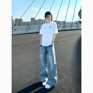 浅蓝色水洗微喇牛仔裤男款夏季美式高街vibe裤子宽松直筒阔腿裤