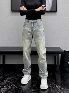 浅蓝色水洗窄版牛仔裤男款春季小脚修身裤子广州新塘提裆直筒长裤