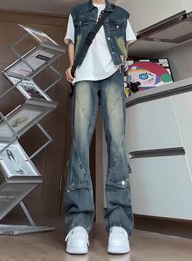 美式拼接排扣工装牛仔裤男春季