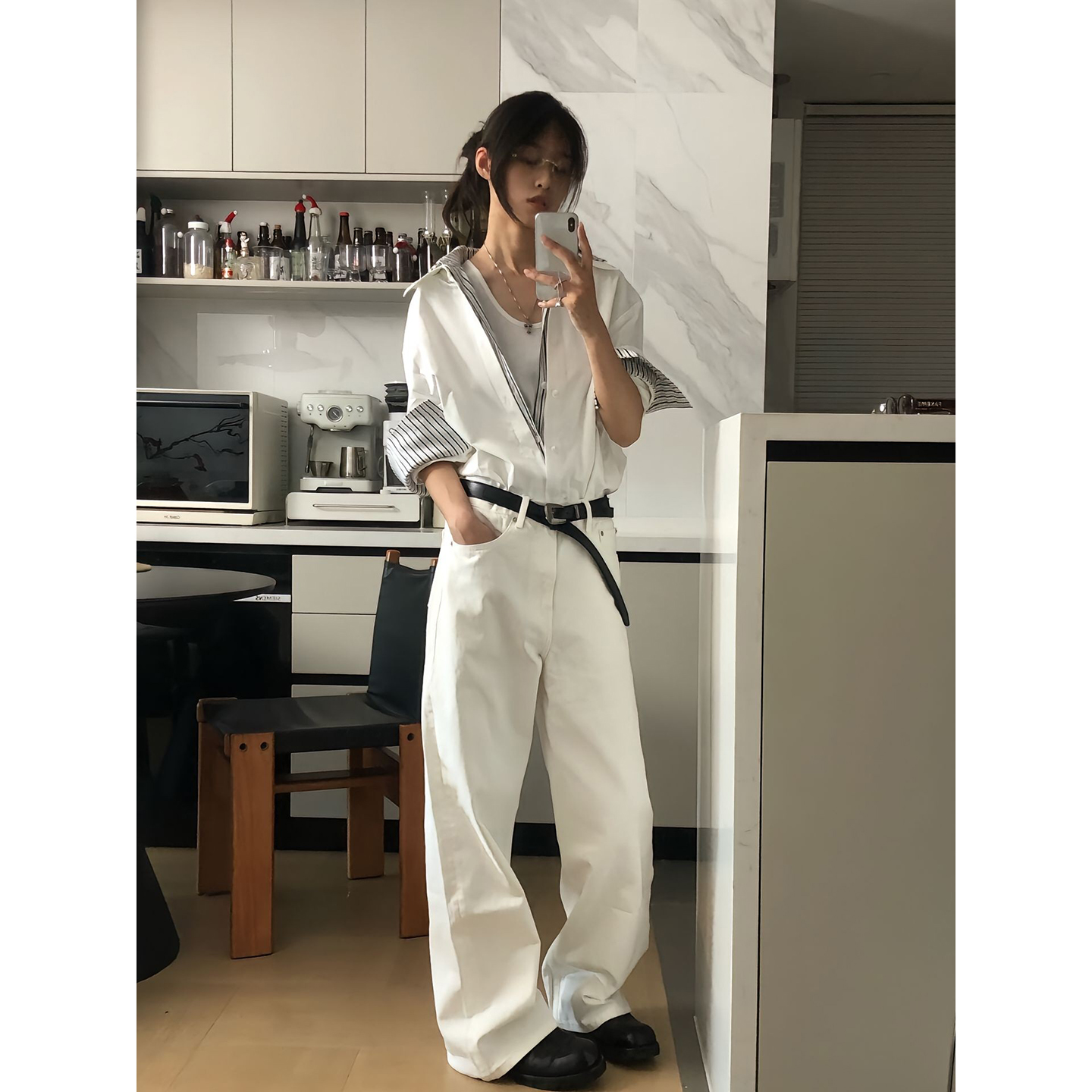 白色假两件长袖衬衫男秋季痞帅高级感条纹衬衣松弛感防晒休闲外套