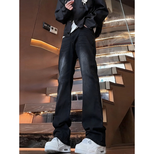 水洗黑色直筒牛仔裤男款秋冬季vibe美式加绒裤子修身显腿长微喇裤