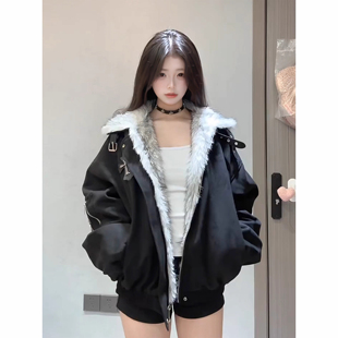 黑色美式复古十字架座山雕外套棉服男女冬季加厚保暖毛领棉衣夹克