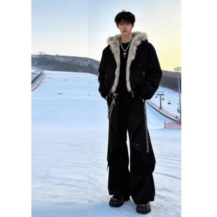 美式褶皱黑色微喇裤子男款秋冬季阔腿工装裤cleanfit显瘦加绒西裤