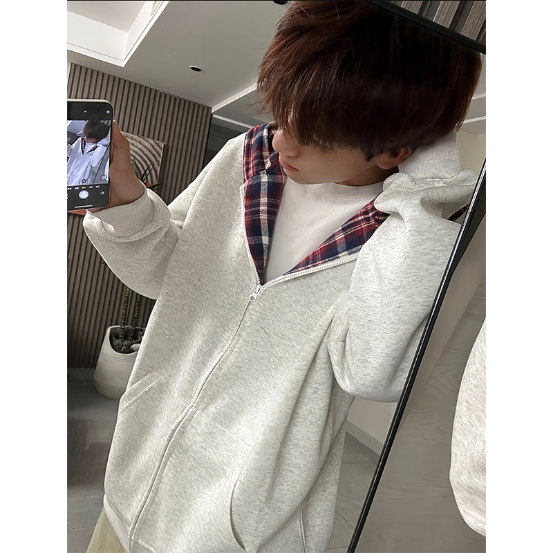 拼接格子连帽开衫卫衣男春秋