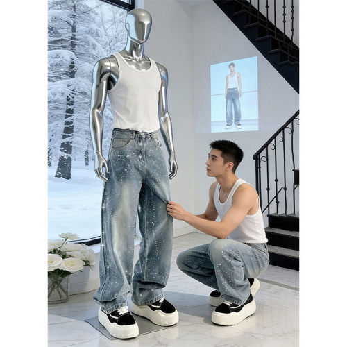 美式高街满天星烫钻牛仔裤男