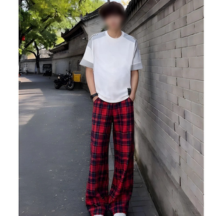 美式cleanfit红色显瘦格子裤男款夏季薄款弯刀裤子直筒微喇休闲裤