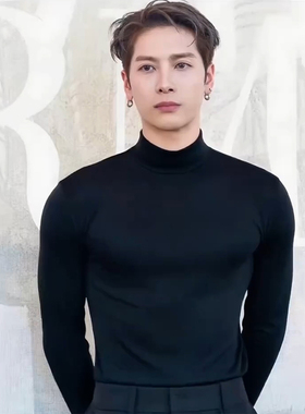 王嘉尔同款黑色半高领毛衣男款秋季韩版高级感修身针织内搭打底衫