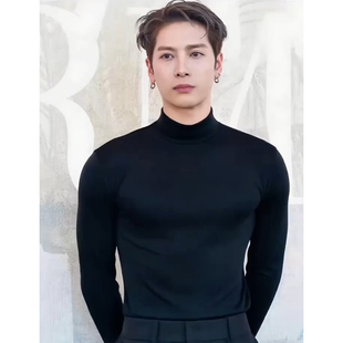 王嘉尔同款黑色半高领毛衣男款秋季韩版高级感修身针织内搭打底衫