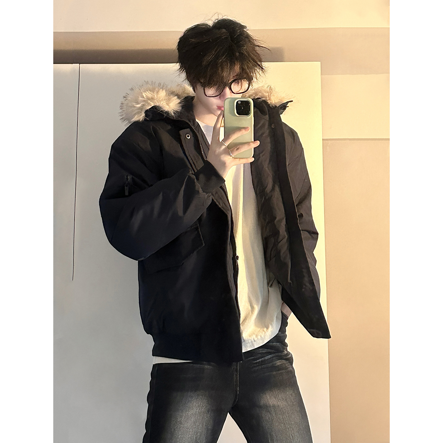 黑色大毛领连帽棉服男款冬季加厚