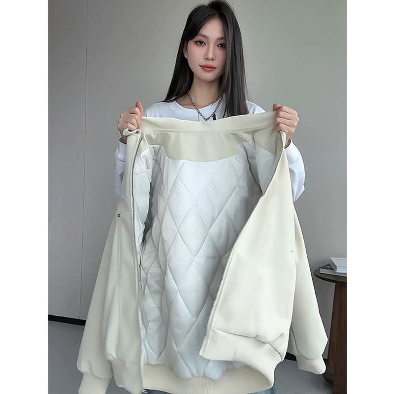 米白色pu皮衣柳钉夹棉皮衣外套男秋冬飞行夹克棉服短款翻领棒球服