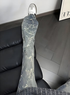 蓝色荆棘提花微喇牛仔裤男款春季美式高街vibe裤子cleanfit直筒裤