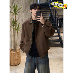 咖色假两件棉服外套男款秋冬短款巴恩风穿搭格子拼接翻领夹克棉衣