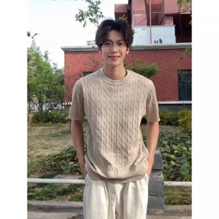 老钱风麻花纹针织短袖男款夏季薄款高级感正肩t恤美式小领口半袖