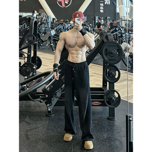 美式健身休闲运动裤子男冬重磅垂感加绒卫裤硬汉风直筒弯刀训练裤
