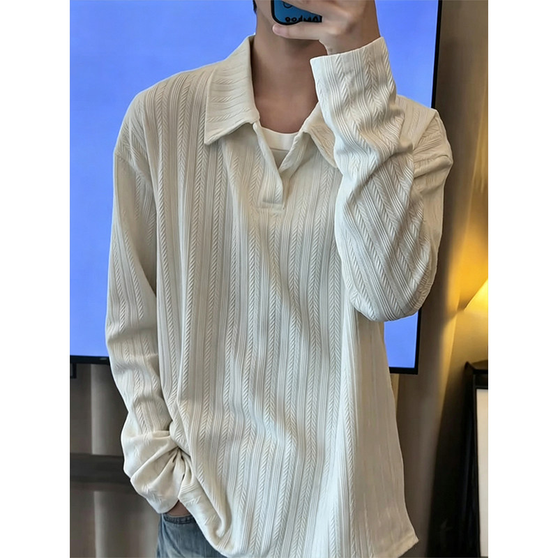 麦穗纹美式假两件长袖t恤男polo衫秋季肌理感翻领卫衣内搭打底衫