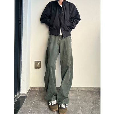 军绿色解构弯刀微喇工装牛仔裤男