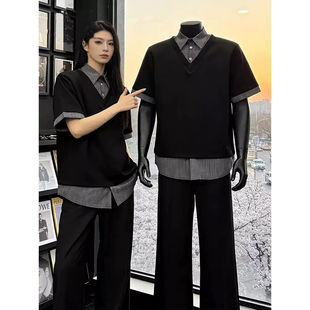 黑色假两件衬衫领短袖男款夏季条纹拼接翻领t恤高级感正肩polo衫