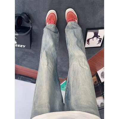 浅蓝色高腰牛仔裤男款美式高街