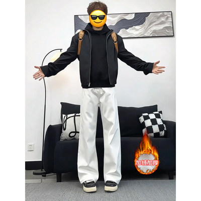 冬季加绒白色微喇显瘦牛仔裤男