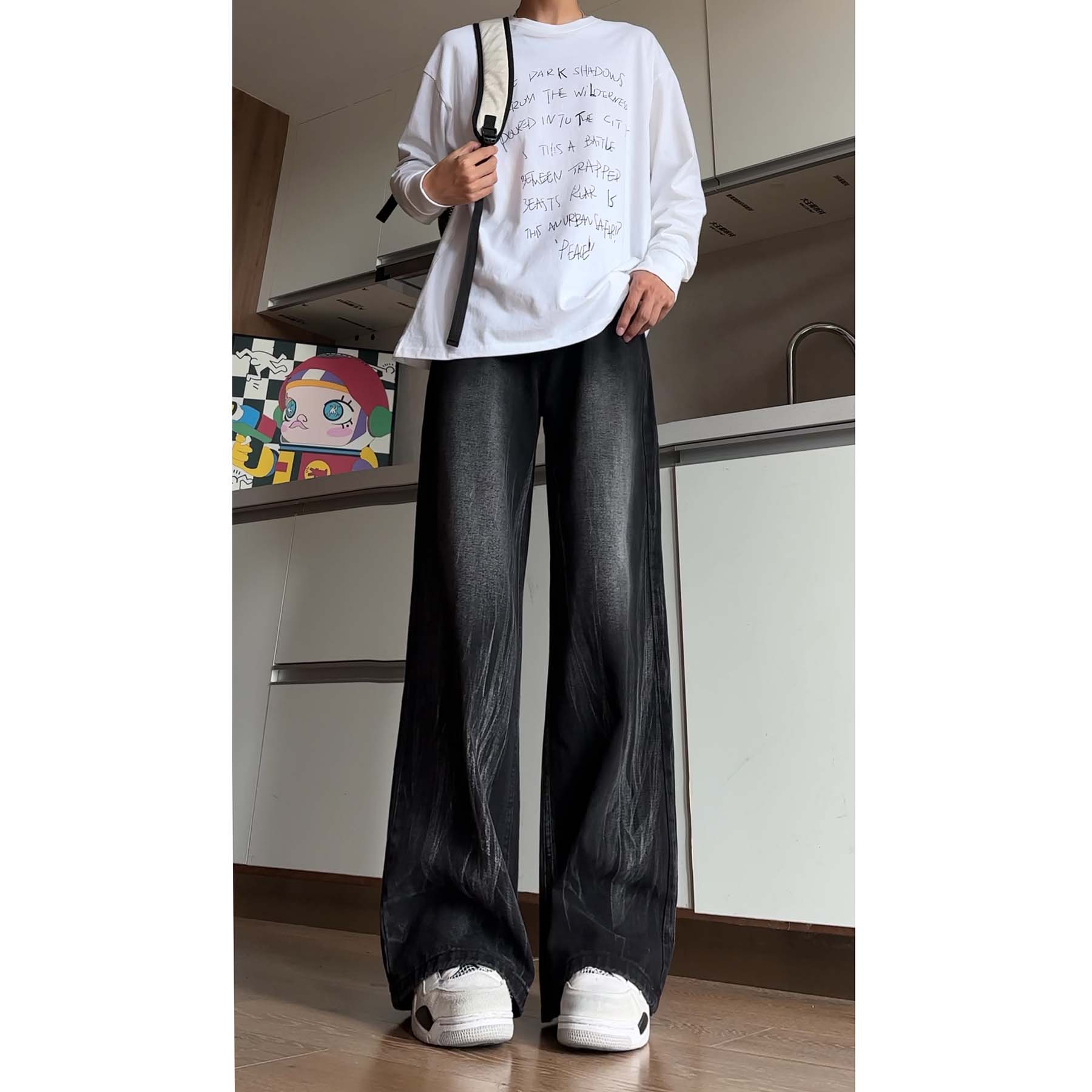 水洗扎染阔腿牛仔裤男秋季美式