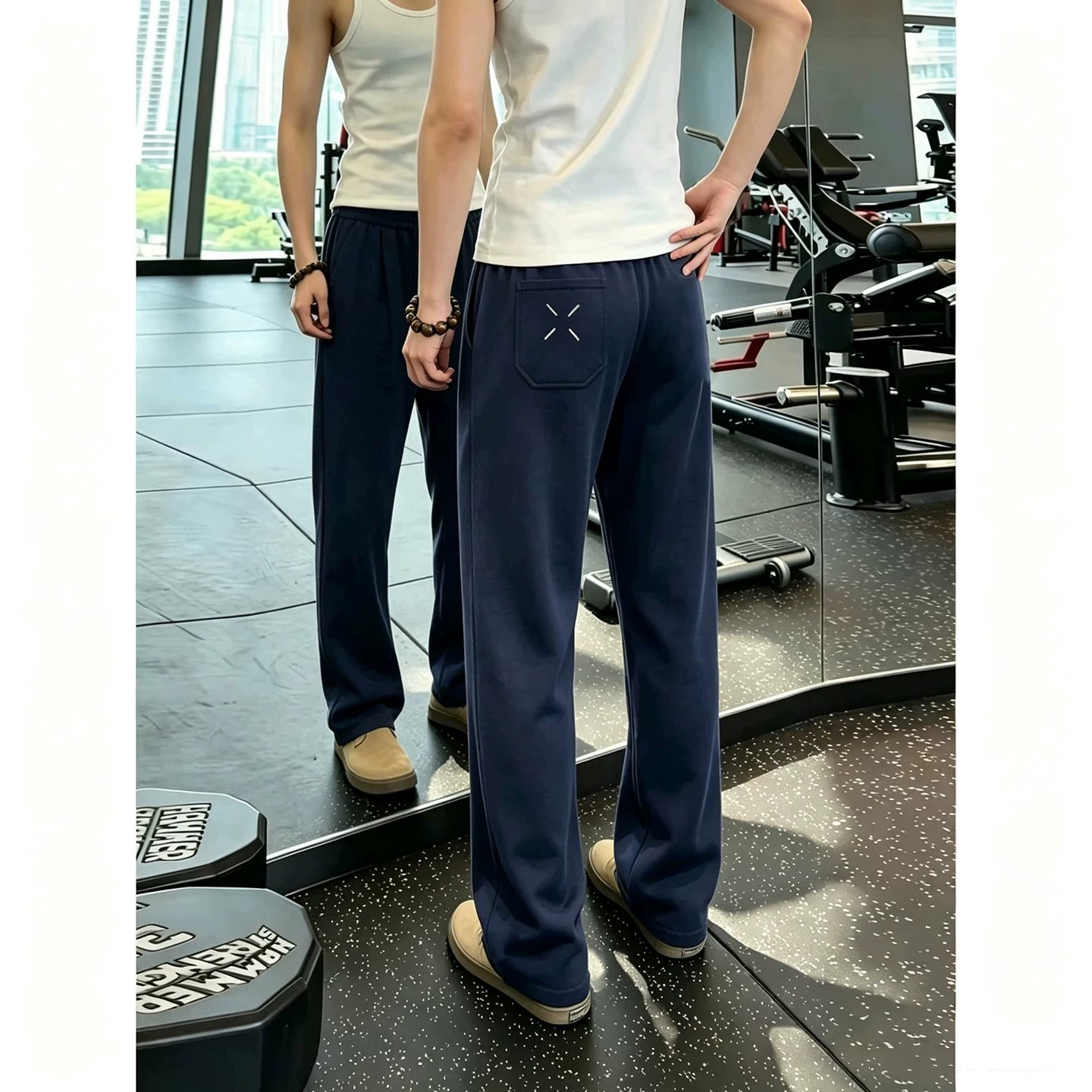 藏青微喇重磅垂感男运动卫裤图片