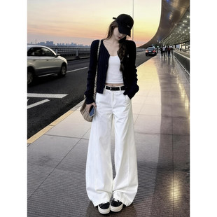 白色微喇弯刀牛仔裤男女款美式宽松显瘦阔腿长裤cleanfit直筒裤子