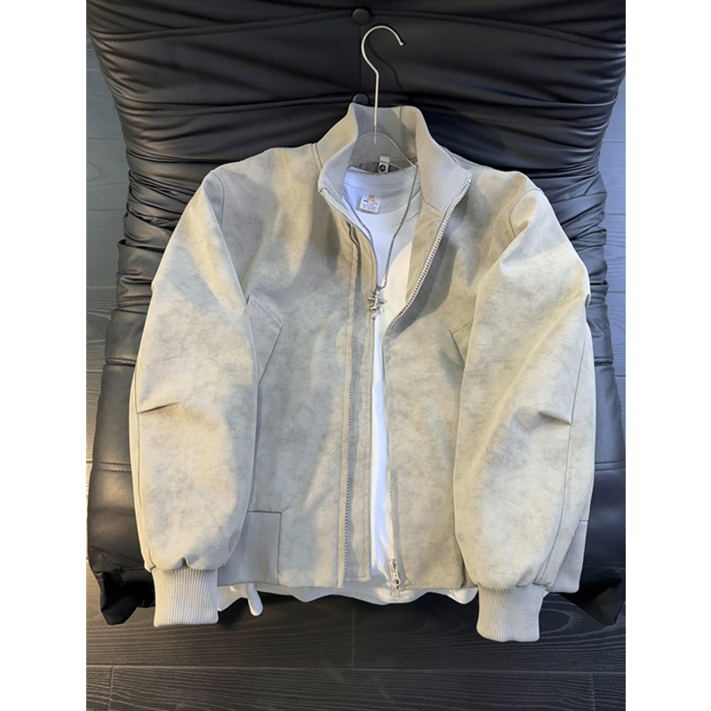 灰色扎染皮衣夹克男高级感痞帅美式飞行员工装外套立领小众棒球服