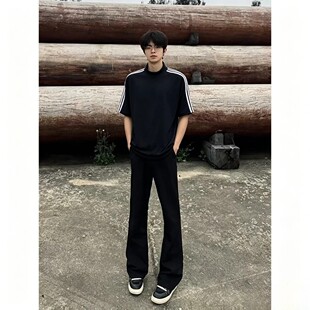 美式痞帅黑色微喇裤男款夏季薄款冰丝裤子垂坠感高级感修身直筒裤