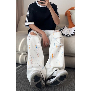 白色泼墨破洞牛仔裤男夏季痞帅高级感裤子美式高街直筒阔腿微喇裤