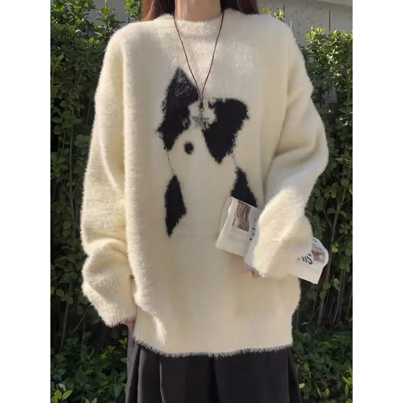 韩版马海毛卡通小狗针织衫男秋冬设计感情侣提花毛衣可爱风打底衫