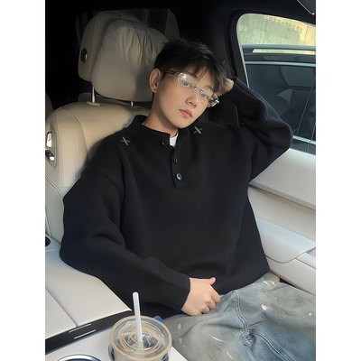 美式亨利领黑色刺绣男秋冬毛衣