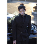 男冬季 痞帅男生dk正装 男装 高级感黑色双排扣西装 男士 休闲西服外套