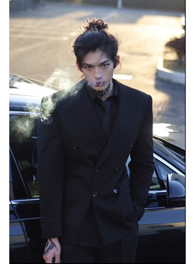 高级感黑色双排扣西装男冬季痞帅男生dk正装男装男士休闲西服外套
