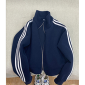 藏青色三条杠开衫 外套男款 春秋cleanfit立领棒球服条纹拼接卫衣