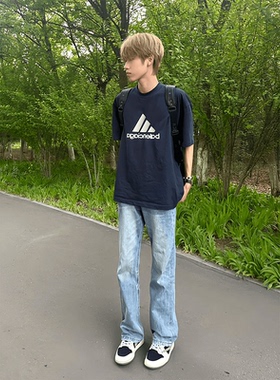 浅蓝色弹力牛仔裤男款美式高街vibe裤子高个子极简穿搭直筒微喇裤