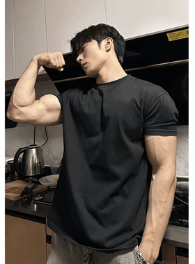 重磅健身短袖显肌肉高级感痞帅黑色t恤男夏季美式修身纯棉打底衫