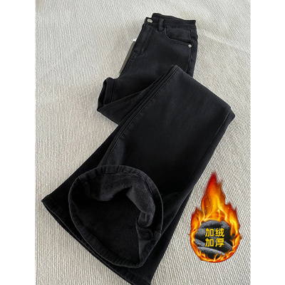 黑色直筒加绒牛仔裤男款冬季美式