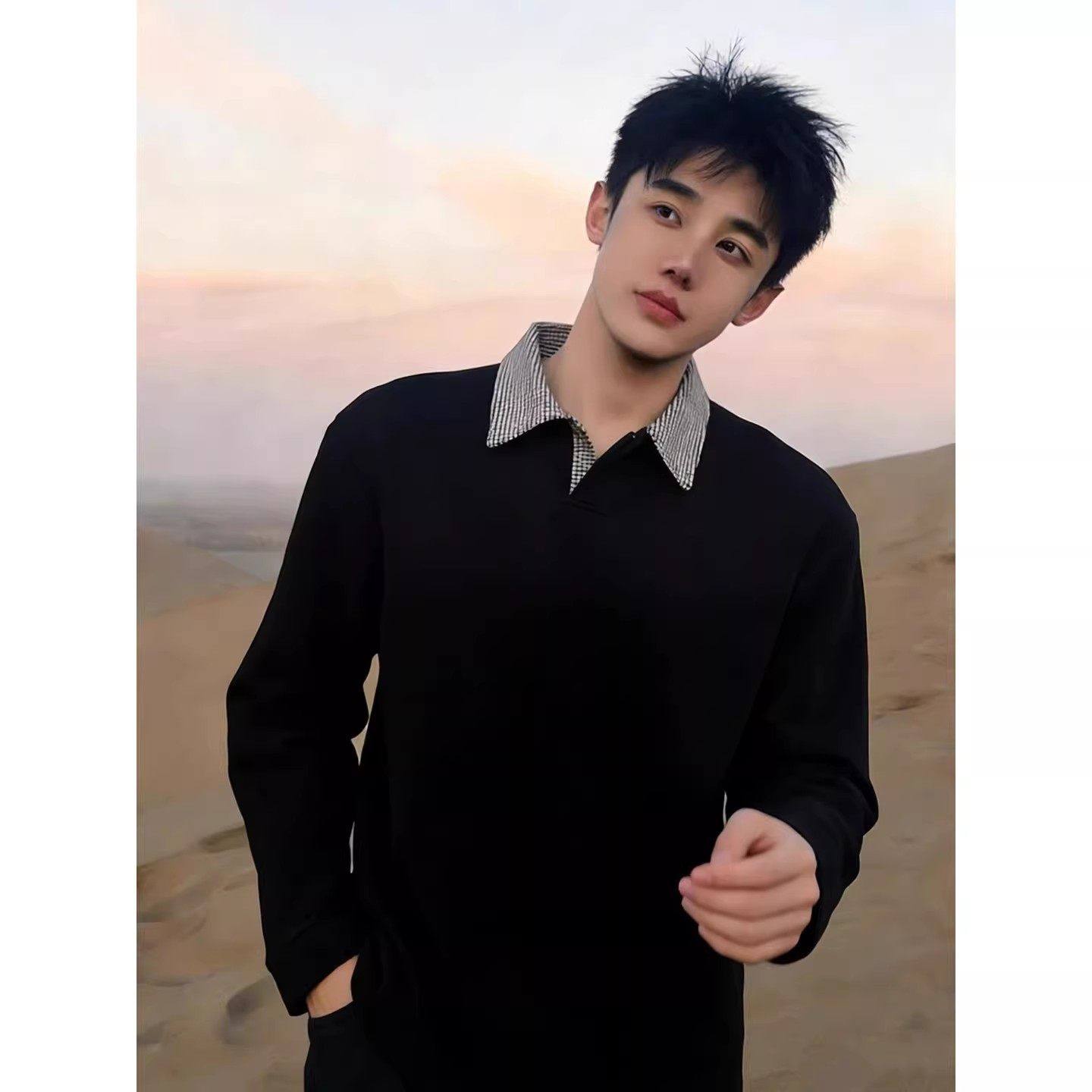 黑色千鸟格长袖polo衫男春秋穿搭正肩内搭T恤高级感重磅翻领卫衣,男装,Polo衫,淘宝优惠券,粉丝福利购,淘宝优惠卷