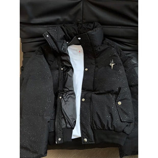 黑色美式高街满天星羽绒服外套男冬季短款加厚潮牌高级感痞帅棉服