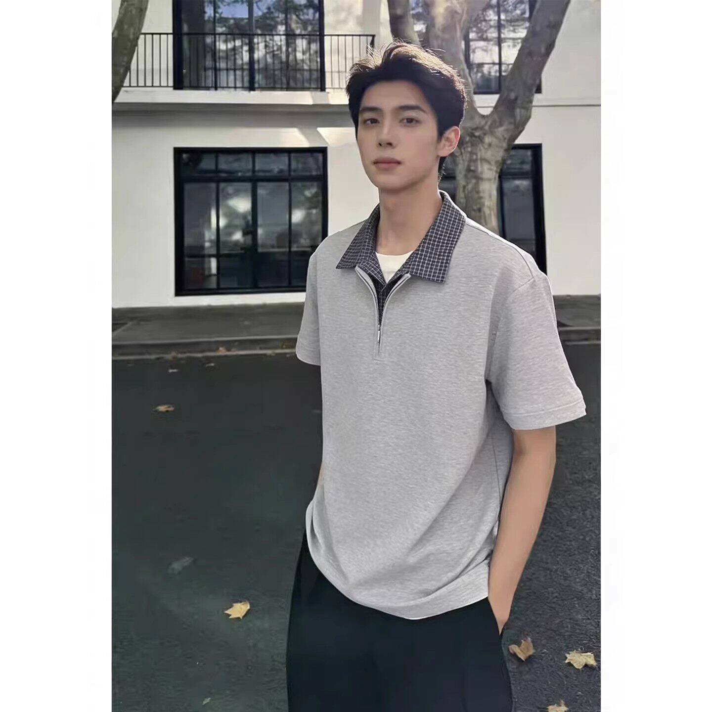 痞帅夏季男假两件翻领短袖T恤图片