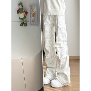 白色扎染伞兵工装裤男款美式hiphop褶皱裤子宽松脏脏微喇直筒裤
