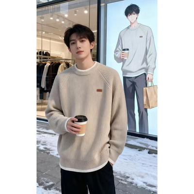 纯色简约假两件慵懒风毛衣男款