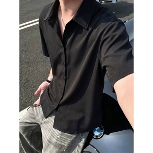 黑色冰丝短袖衬衫男款夏季速干高级感正肩衬衣外套cleanfit半截袖