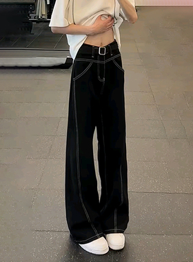 黑色弯刀牛仔裤男款夏季明线斜切裤子美式高街痞帅高级感微喇长裤