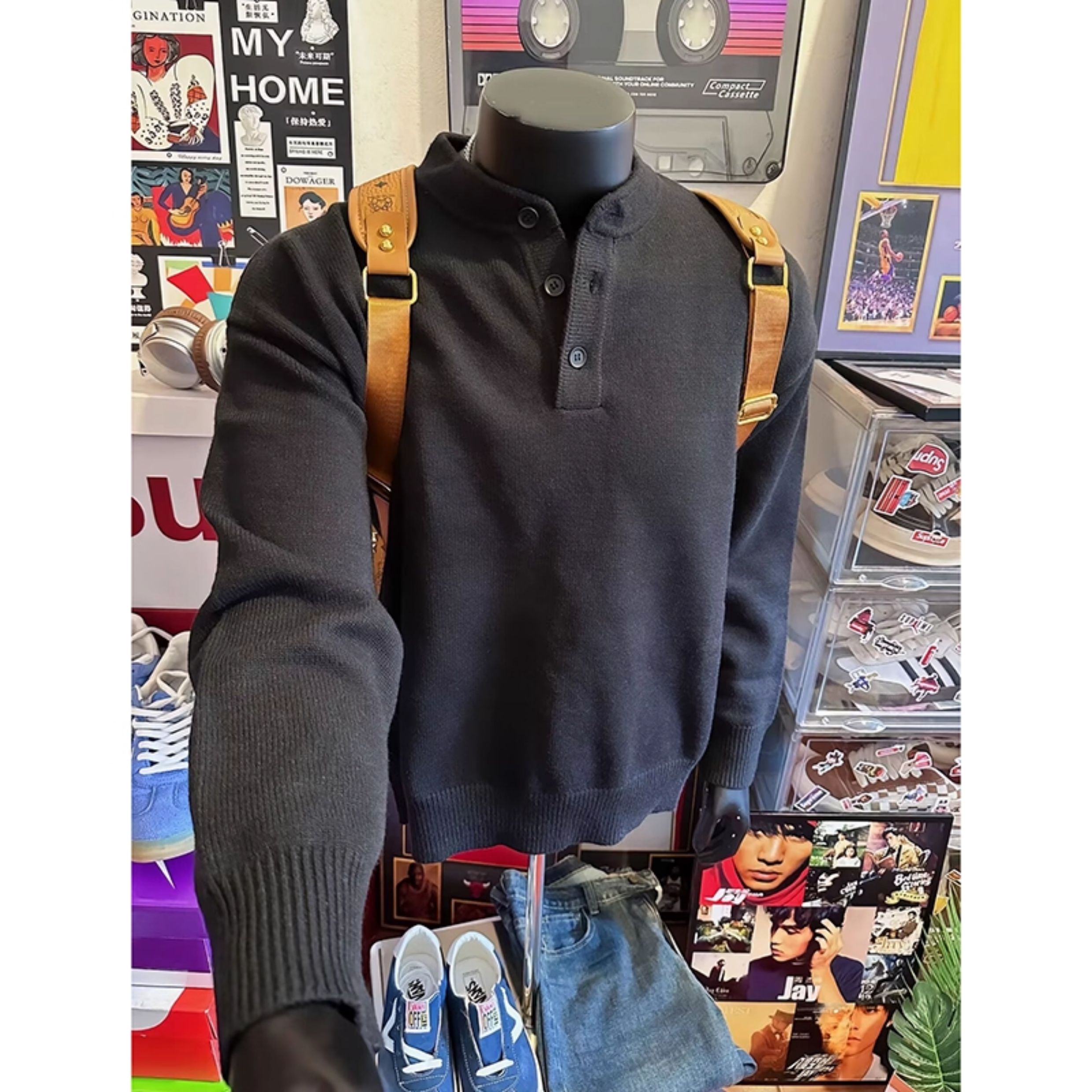 黑色亨利领毛衣男款秋季美式复古