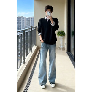 浅蓝色闪电纹微喇牛仔裤男款春季美式高街弯刀直筒裤痞帅阔腿裤子