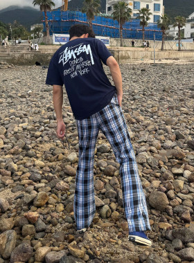 cleanfit蓝色格子裤男款夏季薄款ootd男生格纹裤子提档显瘦微喇裤
