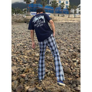 cleanfit蓝色格子裤男款夏季薄款ootd男生格纹裤子提档显瘦微喇裤